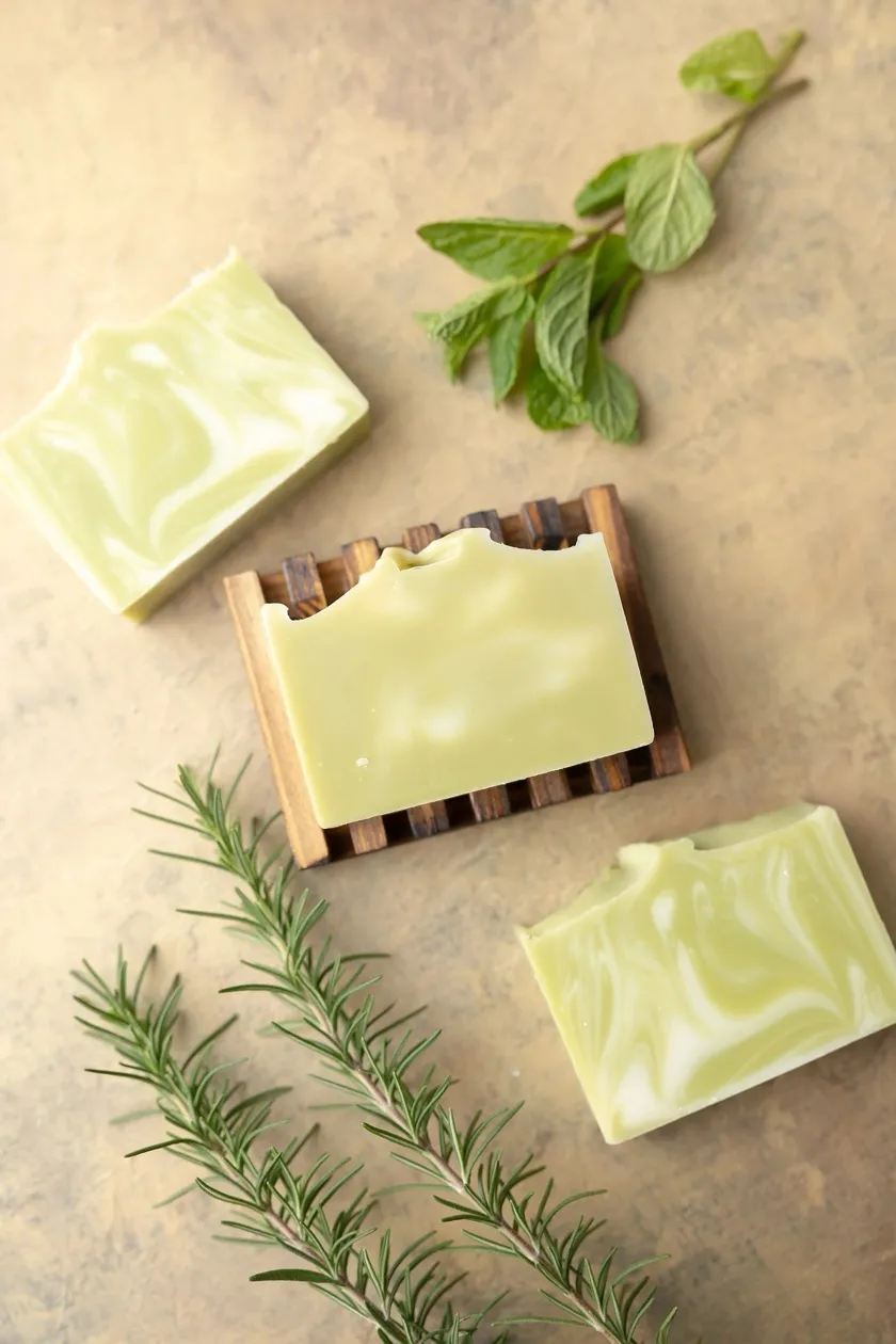 Three bars of pale green soap on a slatted wooden dish, with sprigs of mint and rosemary on a sand-coloured surface.