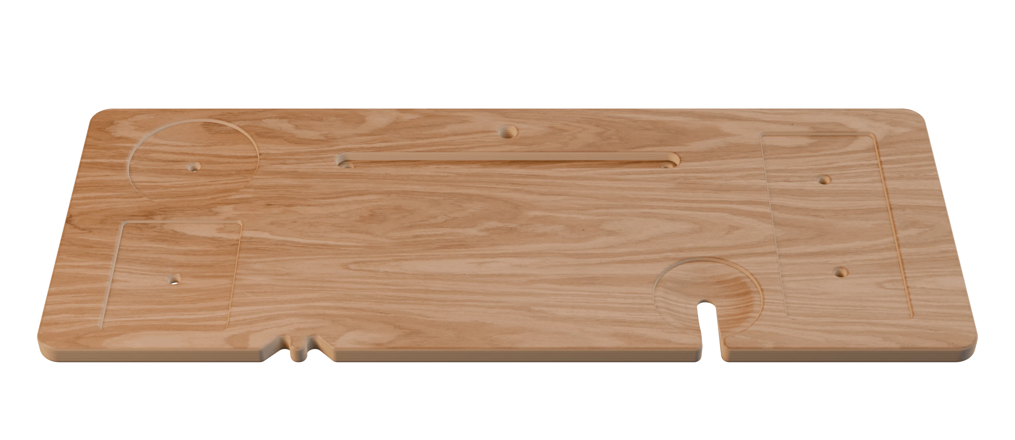 A natural birch bath board seen at an angle from above, showing its wine glass notch, tablet groove, side trays, and drainage holes.