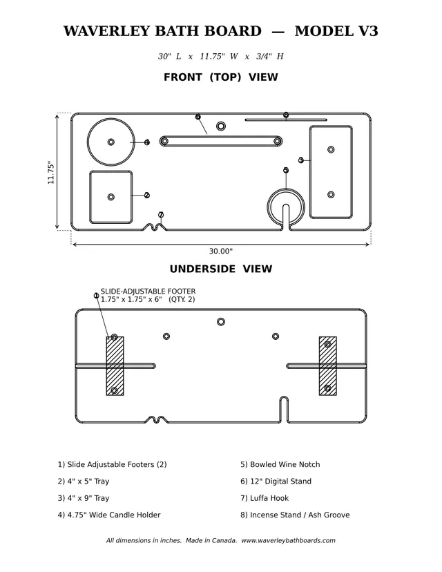 A dimensioned drawing of the Waverley Bath Board, Model V3, in top and underside views, with a numbered key to the slide-adjustable footers, the two trays, the candle holder, the bowled wine notch, the 12-inch digital stand, the loofah hook and the incense stand and ash groove.
